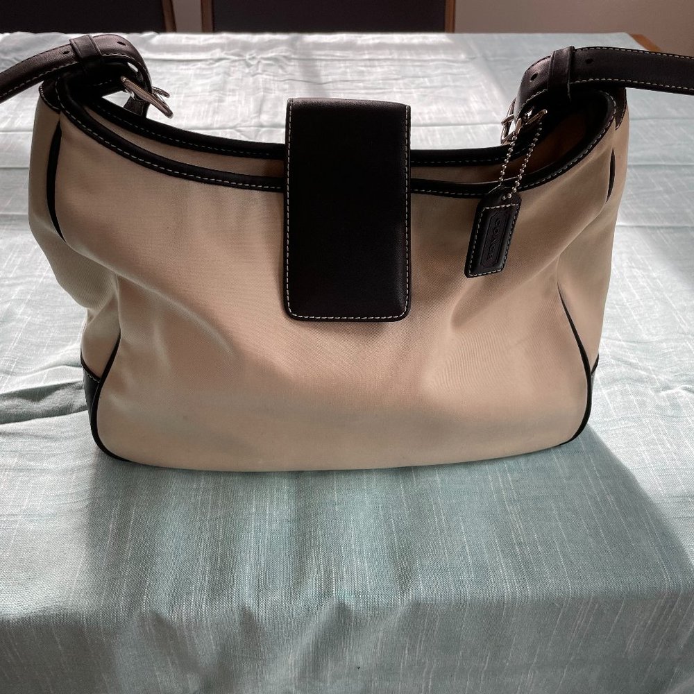 COACH  Cream Canvas with Brown Leather Bucket Bag, 11 X 8 1/2